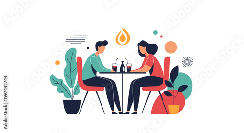 A young couple on a date, sitting at a restaurant table, talking and enjoying a romantic meal together in a modern setting.