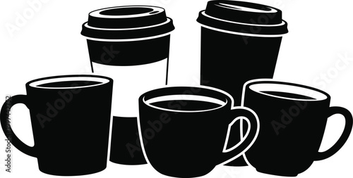 Five black coffee cups and mugs illustration isolated on white background, Vector