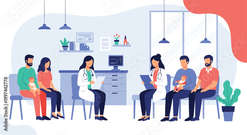 Two families with babies sitting in a pediatric clinic waiting room while consulting with friendly female doctors. Healthcare consultation, pediatrics, family medicine.