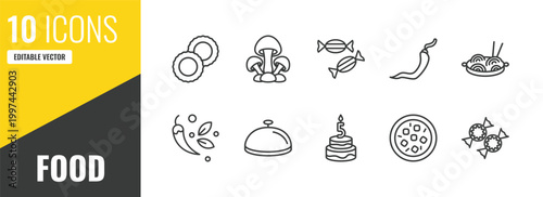 food outline icon set. 10 linear vector for ui, web and mobile. thin line ring pop, mushrooms, sugar container icons.