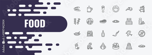 food outline icon set. linear vector for ui, web and mobile. thin line warm black mug, pint, butcher icons.
