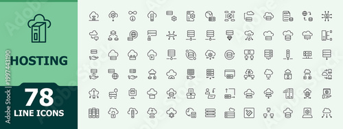 Hosting linear icon collection. Cloud Hosting line icon set. Contains such icons as data, server, technology, cloud server, database, computing, tech and more. Pixel perfect. Vector illustration.