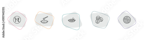 food outline icon set. linear vector for ui, web and mobile. thin line no eating, black sesame soup, oyster omelette icons.