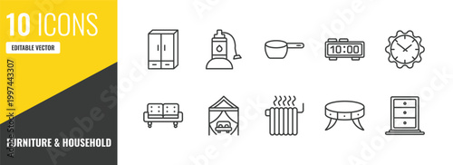 furniture & household outline icon set. 10 linear vector for ui, web and mobile. thin line cupboard, sump pump, small saucepan icons.
