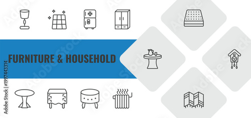 furniture & household outline icon set. linear vector for ui, web and mobile. thin line lamps, floor, fridge icons.