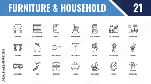 furniture & household outline icon set. linear vector for ui, web and mobile. thin line chest of drawers, living room, cactus icons.