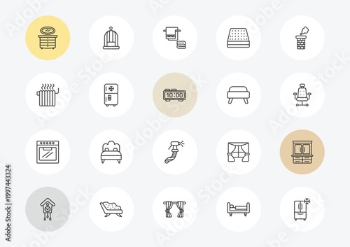 furniture & household outline icon set. linear vector for ui, web and mobile. thin line lowboy, heating, oven icons.