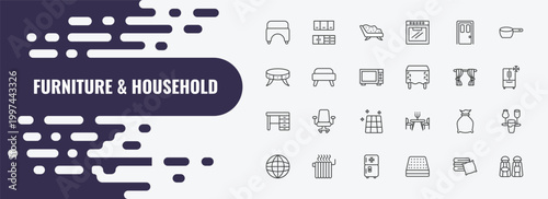 furniture & household outline icon set. linear vector for ui, web and mobile. thin line cabinets, divan, door icons.