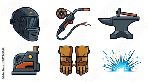 Comprehensive vector icon collection showcasing essential welding and metalworking equipment, protective gear, and fabrication tools for industrial and crafting projects