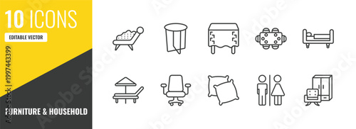 furniture & household outline icon set. 10 linear vector for ui, web and mobile. thin line fainting couch, side table, table linens icons.
