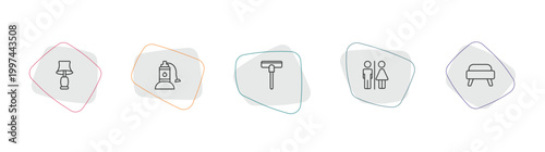 furniture & household outline icon set. linear vector for ui, web and mobile. thin line table lamp, sump pump, carpet sweeper icons.