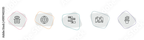 furniture & household outline icon set. linear vector for ui, web and mobile. thin line lowboy, globe, shelf icons.