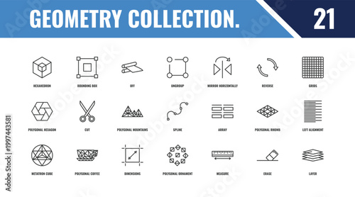 geometry collection. outline icon set. linear vector for ui, web and mobile. thin line bounding box, grids, array icons.