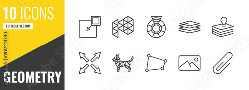 geometry outline icon set. 10 linear vector for ui, web and mobile. thin line insert, polygonal megaphone, color wheel icons.