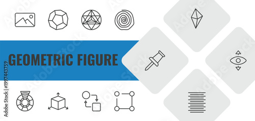 geometric figure outline icon set. linear vector for ui, web and mobile. thin line background, dodecahedron, metatron cube icons.