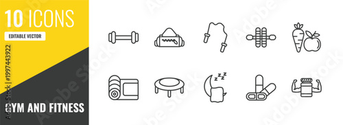 gym and fitness outline icon set. 10 linear vector for ui, web and mobile. thin line exercising dumbbell, gym bag, skip rope icons.