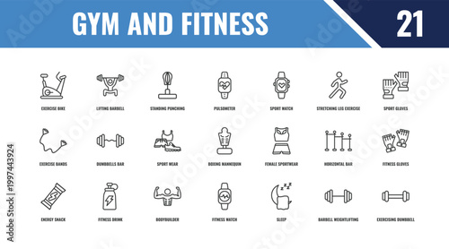 gym and fitness outline icon set. linear vector for ui, web and mobile. thin line lifting barbell, sport gloves, female sportwear icons.
