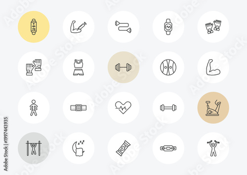 gym and fitness outline icon set. linear vector for ui, web and mobile. thin line fitness tracker, sport gloves, stick man hoop icons.