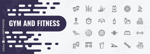 gym and fitness outline icon set. linear vector for ui, web and mobile. thin line gym ladder, press simulator, iron shoot icons.