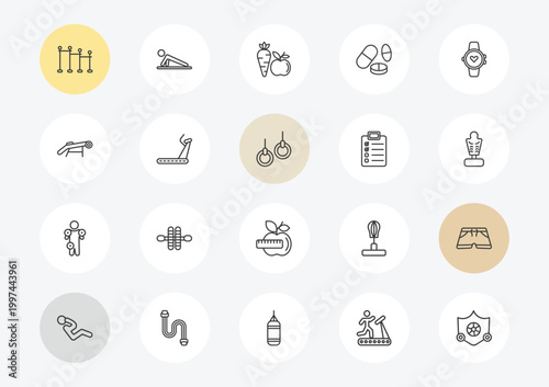 gym and fitness outline icon set. linear vector for ui, web and mobile. thin line horizontal bar, simulator for press, anatomy icons.