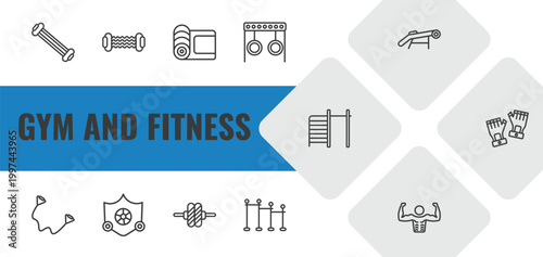 gym and fitness outline icon set. linear vector for ui, web and mobile. thin line arms extender, resistance, mat for fitness icons.