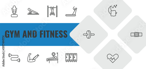 gym and fitness outline icon set. linear vector for ui, web and mobile. thin line boxing mannequin, push up, exercise hang bar icons.