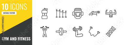 gym and fitness outline icon set. 10 linear vector for ui, web and mobile. thin line isotonic, horizontal bar, headgear icons.