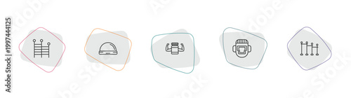 gym and fitness outline icon set. linear vector for ui, web and mobile. thin line gym ladder, bosu ball, protein icons.