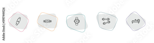 gym and fitness outline icon set. linear vector for ui, web and mobile. thin line fitness bracelet, fitness belt, training watch icons.