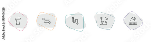 gym and fitness outline icon set. linear vector for ui, web and mobile. thin line protein shake, resistance band, chest expanders icons.