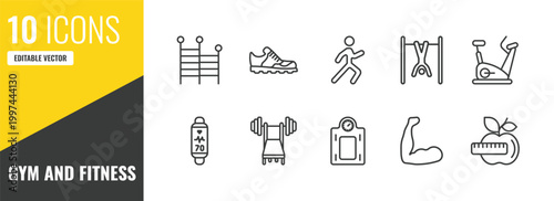 gym and fitness outline icon set. 10 linear vector for ui, web and mobile. thin line gym ladder, trainers, stretching leg exercise icons.