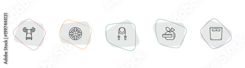 gymandfitness outline icon set. linear vector for ui, web and mobile. thin line barbell bench press, iron shoot, skipping rope icons.