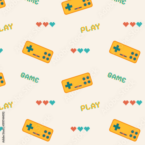 Retro game controller seamless pattern. Pixel art gaming background with yellow gamepads, pixel hearts and play game typography