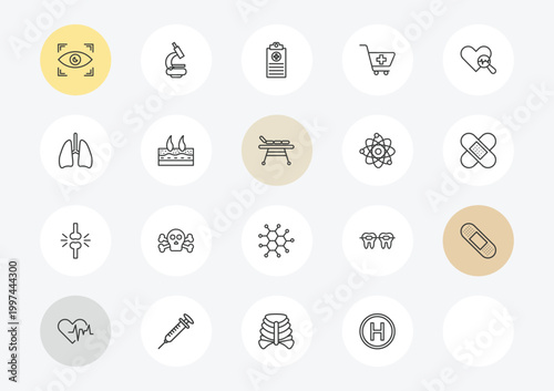medical outline icon set. linear vector for ui, web and mobile. thin line eye scanner medical, lungs, femur icons.