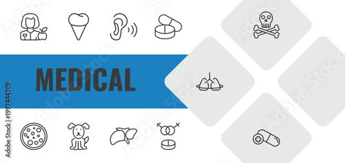 medical outline icon set. linear vector for ui, web and mobile. thin line nutrionist, premolar, ear icons.