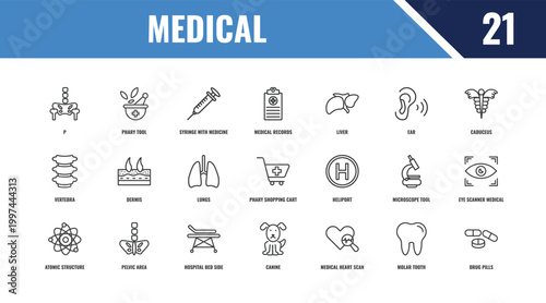 medical outline icon set. linear vector for ui, web and mobile. thin line phary tool, caduceus, heliport icons.