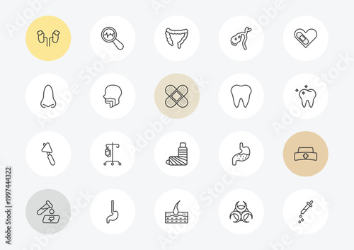 medical outline icon set. linear vector for ui, web and mobile. thin line adrenal gland, e, medical hammer tool icons.