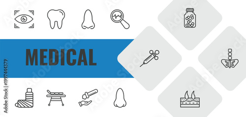 medical outline icon set. linear vector for ui, web and mobile. thin line eye scanner medical, molar tooth, e icons.