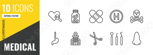 medical outline icon set. 10 linear vector for ui, web and mobile. thin line medical heart scan, medicine capsules, plastering icons.