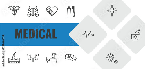 medical outline icon set. linear vector for ui, web and mobile. thin line caduceus, sternum, cure icons.