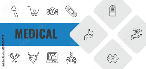 medical outline icon set. linear vector for ui, web and mobile. thin line medical hammer tool, phary shopping cart, dead icons.
