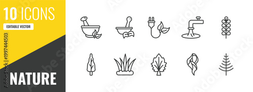 nature outline icon set. 10 linear vector for ui, web and mobile. thin line flower therapy, therapy, eco energy source icons.