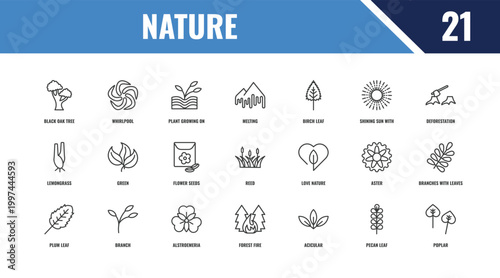 nature outline icon set. linear vector for ui, web and mobile. thin line whirlpool, deforestation, love nature icons.