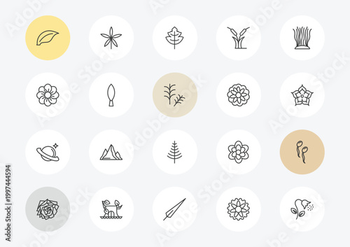 nature outline icon set. linear vector for ui, web and mobile. thin line element, pansy, saturn with his ring icons.