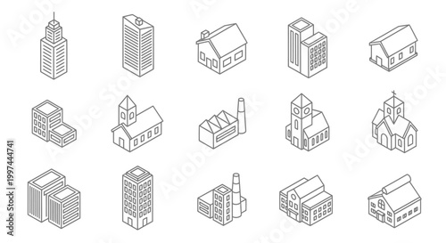 Collection of various building structures.