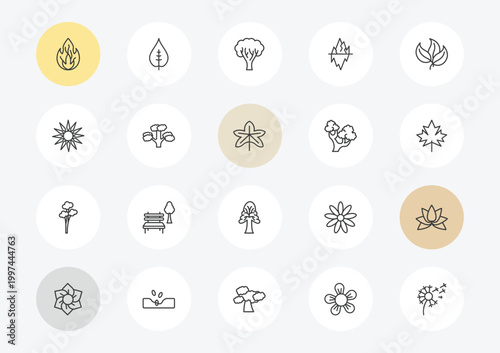 nature outline icon set. linear vector for ui, web and mobile. thin line burning flames, sol, quaking aspen tree icons.