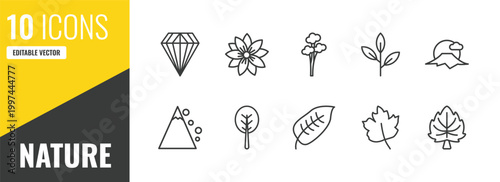 nature outline icon set. 10 linear vector for ui, web and mobile. thin line gemstone, hypericum, quaking aspen tree icons.