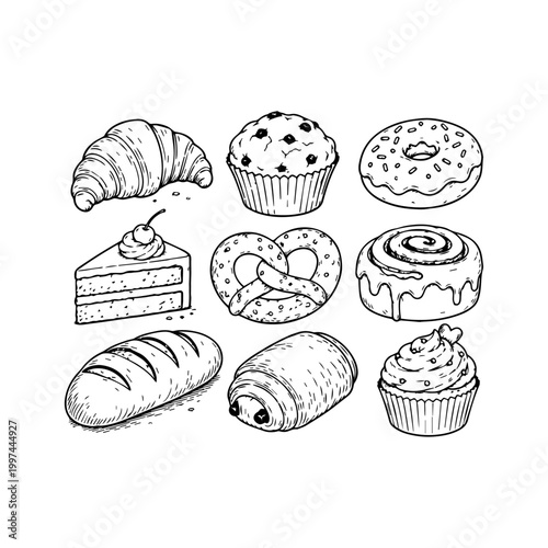 Assortment of baked goods including croissants, muffins, donuts, cake, pretzel, and bread.