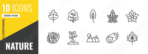 nature outline icon set. 10 linear vector for ui, web and mobile. thin line tree leave, white ash tree, spear shaped icons.