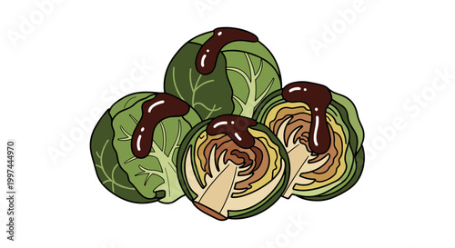 An illustration of three cabbages drizzled with a rich brown sauce